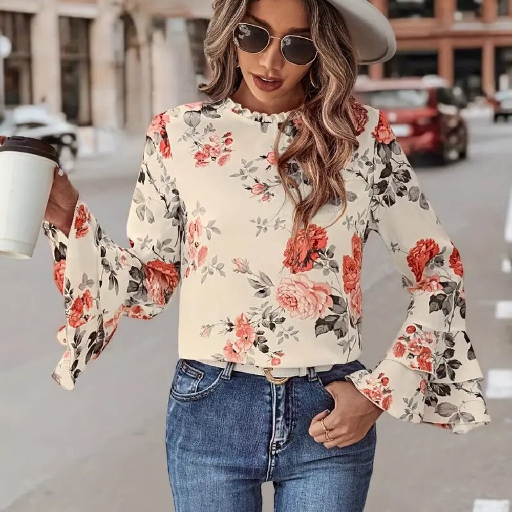White Floral Print Mock Neck Blouse